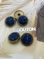 Пуговицы состаренное золото с синим твидом (тканевые) и золотистым люрексом