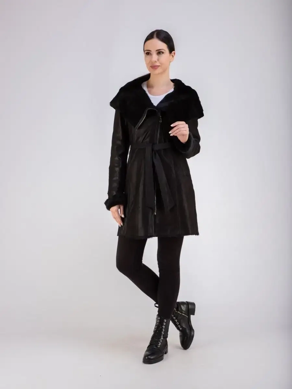 Дубленка женская натуральная длинная с капюшоном Турция