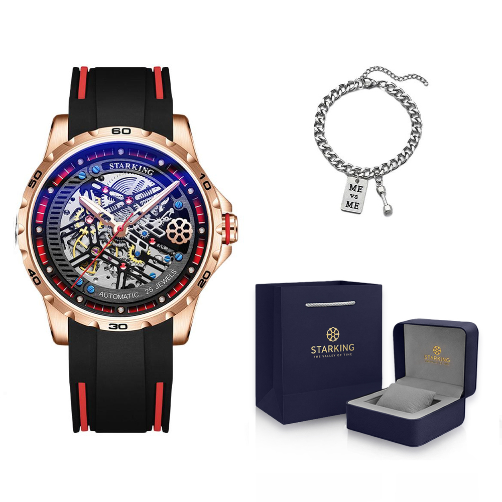 STARKING Automatic Mechanical Movement Rubber Strap Watch Men"s Watches Black Dial 50 meter Water Resistance