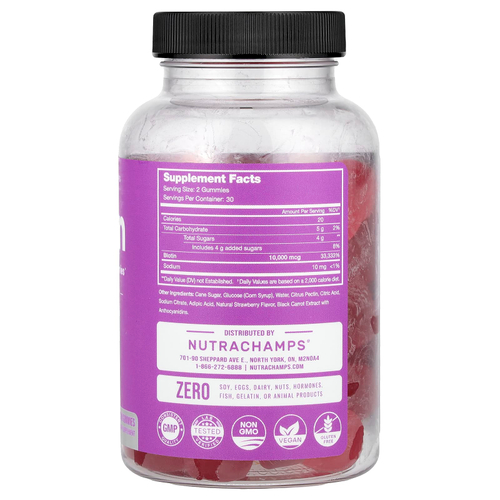NutraChamps, жевательные таблетки с биотином, со вкусом натуральной клубники, 10 000 мкг, 60 веганских жевательных таблеток (5000 мкг в одной жевательной таблетке)