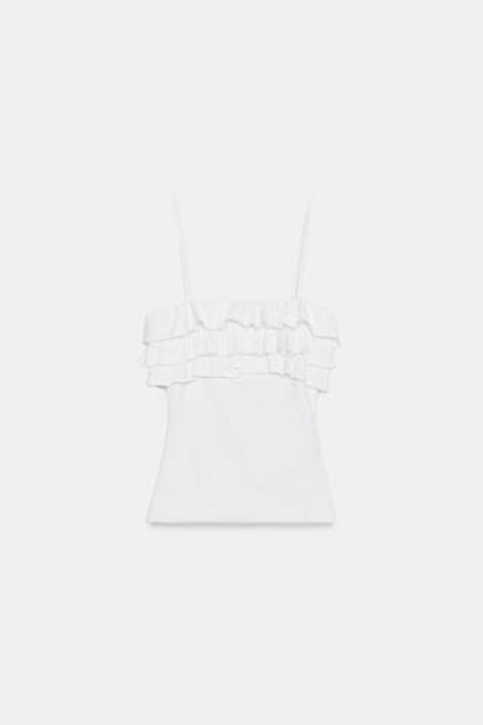 ZARA ТОП НА БРЕТЕЛЯХ С ВОЛАНАМИ, БЕЛЫЙ