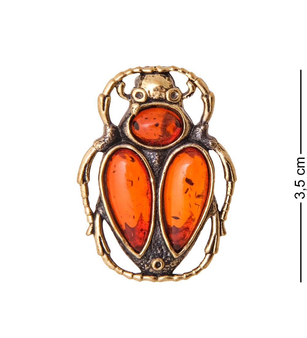 AM-3442 Брошь «Жук Скарабей Солнце» (латунь, янтарь)