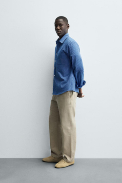 ZARA РУБАШКА В ПОЛОСКУ С ЭФФЕКТОМ ПОТЕРТОСТИ, МОРСКОЙ ЯРКО-СИНИЙ