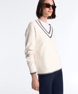 Oysho Вязаный свитер с V-образным вырезом и контрастом, светлый экрю