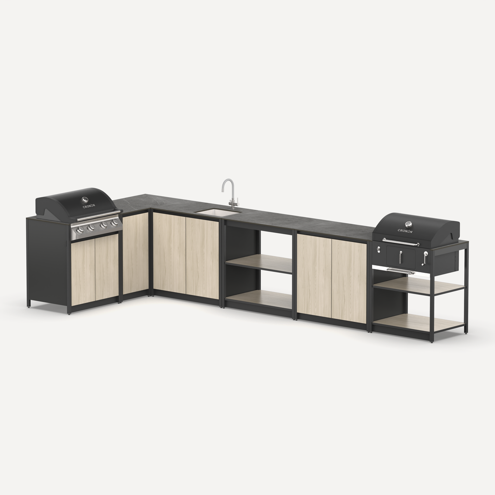 Угловой барбекю комплекс Lounge F-115SGB, 4.1x1.8 м, дуб сонома/черный мрамор