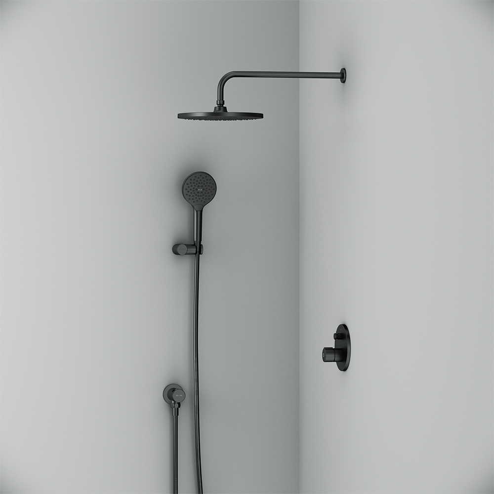 Набор: Смеситель для ванны и душа, верхний душ с держателем, душевой набор и шланговое присоединение AM.PM X-Joy FP85A1RH22 Черный