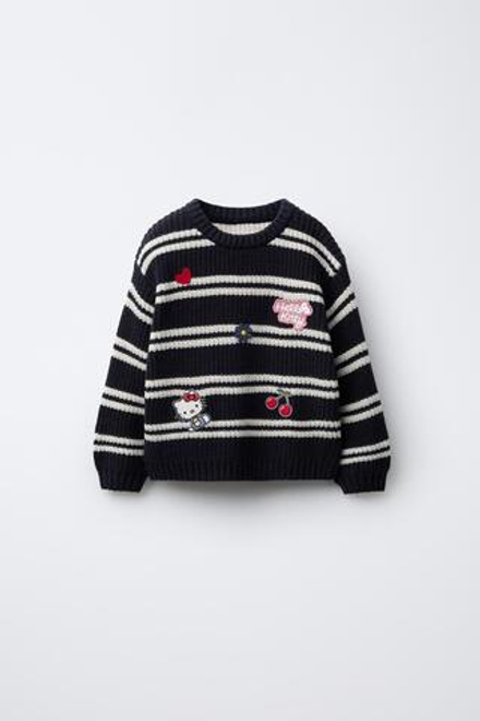 ZARA ТРИКОТАЖНЫЙ ДЖЕМПЕР В ПОЛОСКУ С НАШИВКАМИ HELLO KITTY © SANRIO, МОРСКОЙ СИНИЙ