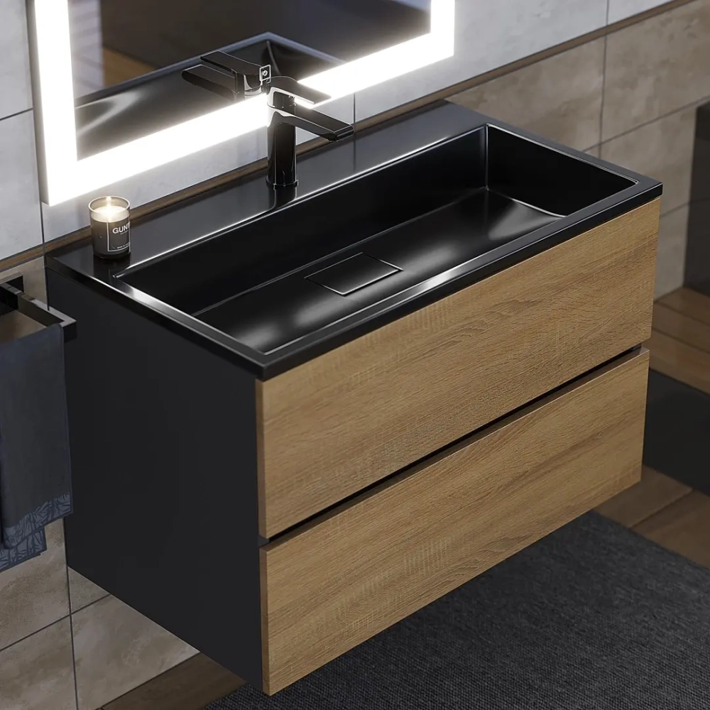 Тумба с раковиной Uperwood Barsa 80 см, раковина черная глянцевая, подвесная тумба черная/дуб сонома