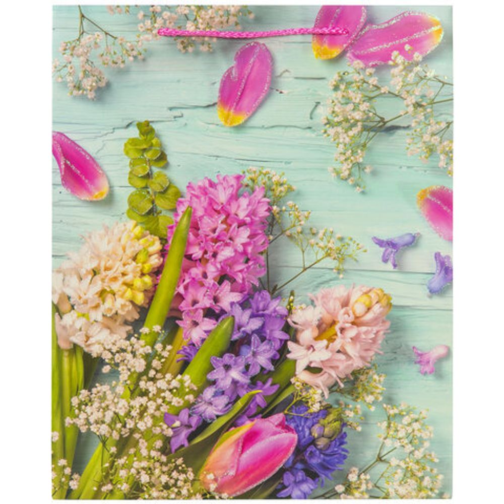 Пакет подарочный (1 штука) 26x13x32 см, ЗОЛОТАЯ СКАЗКА "Spring Flowers", глиттер, розовый, 608247