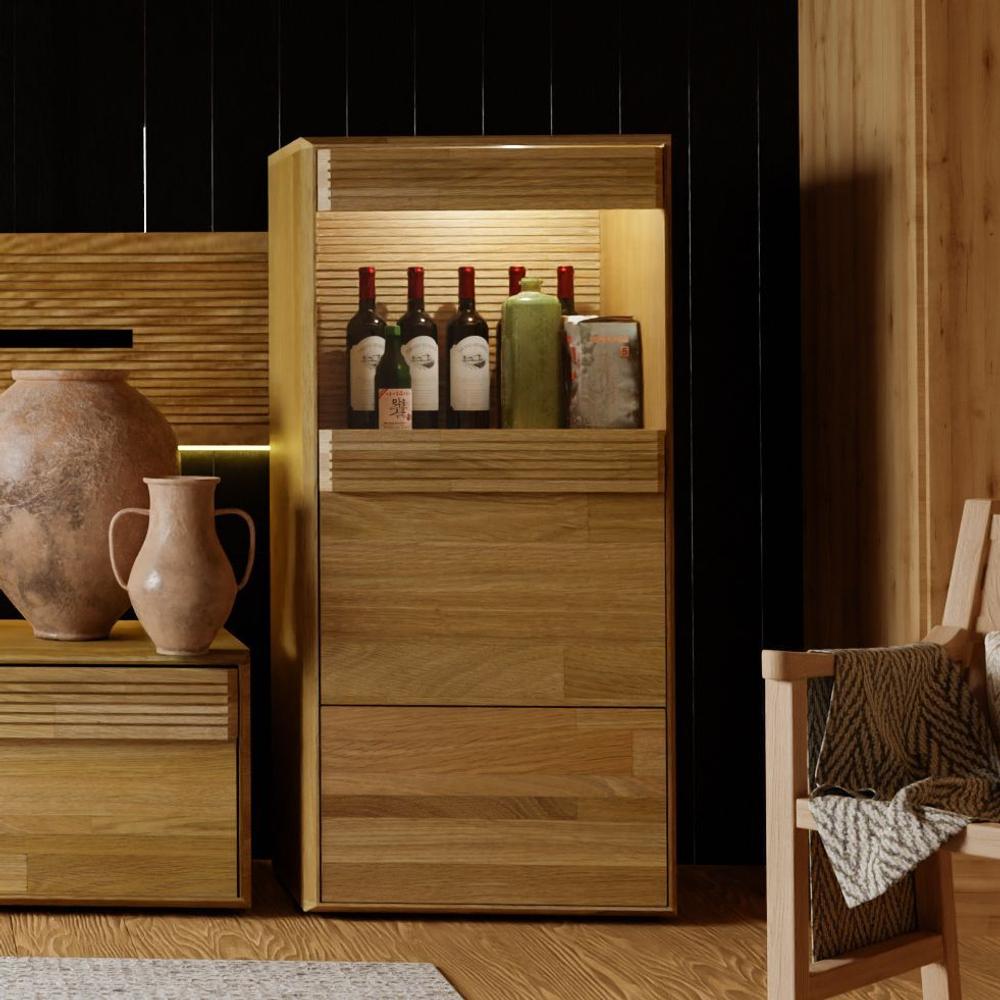 Шкаф витрина 60х38х130, Михаэлла, с подсветкой, ящиком для вещей, дверью, для гостиной, массив дуба, Dipriz