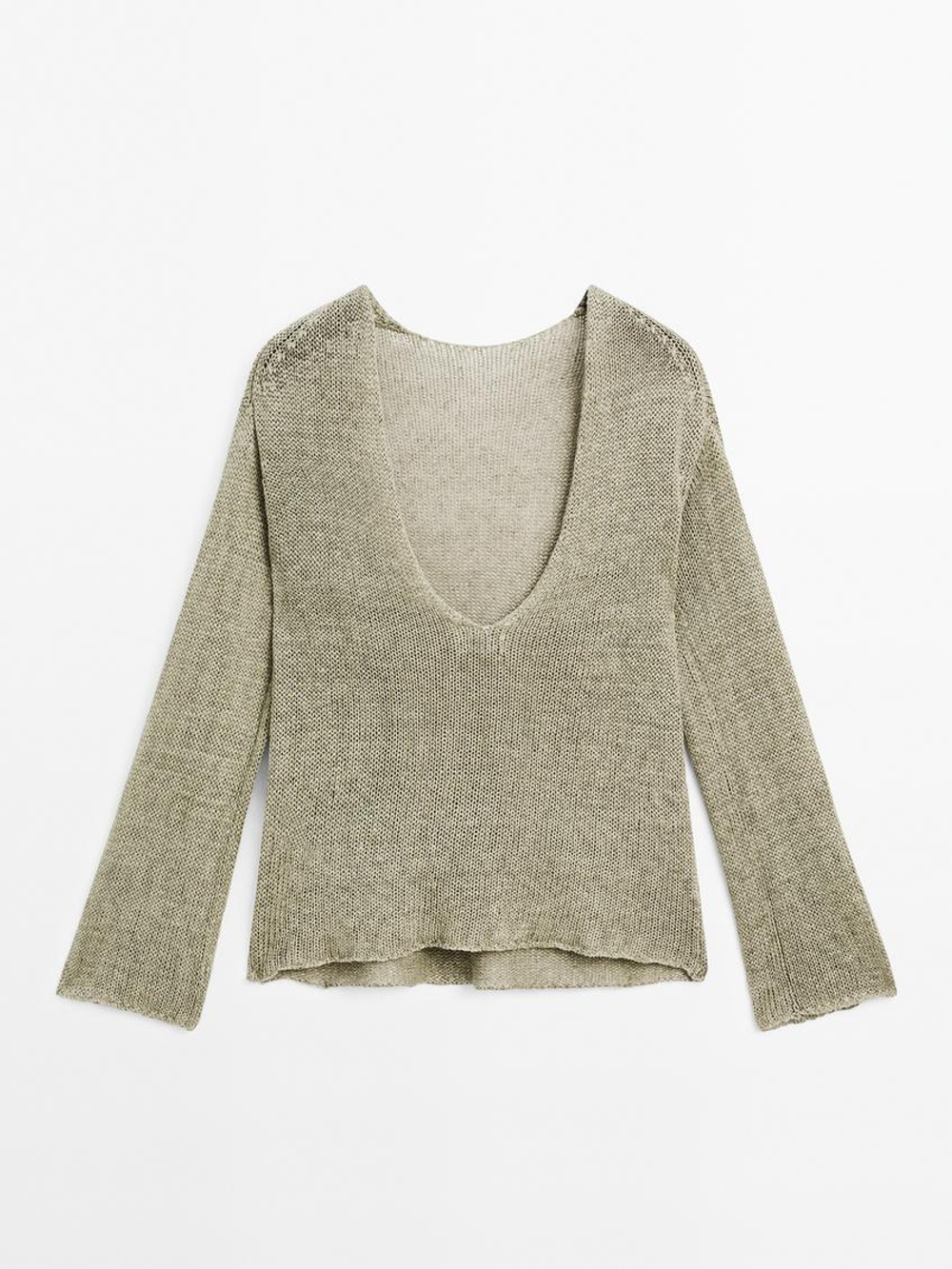 Massimo Dutti Свитер из смесового льна с глубоким V-образным вырезом на спине - Studio, светло-зеленый