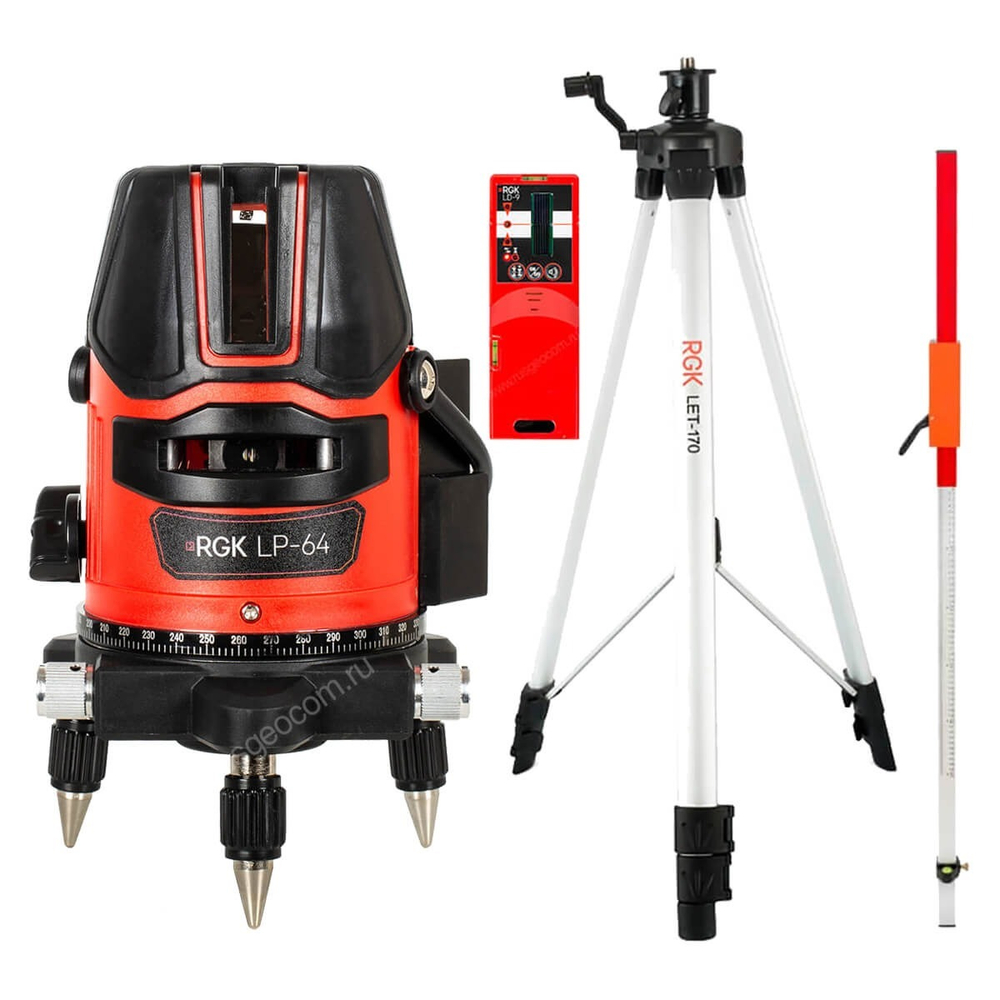 Комплект: лазерный уровень RGK LP-64 с калибровкой + штатив RGK LET-170, приемник RGK LD-9, рейка RGK LR-2, кронштейн RGK WB-1