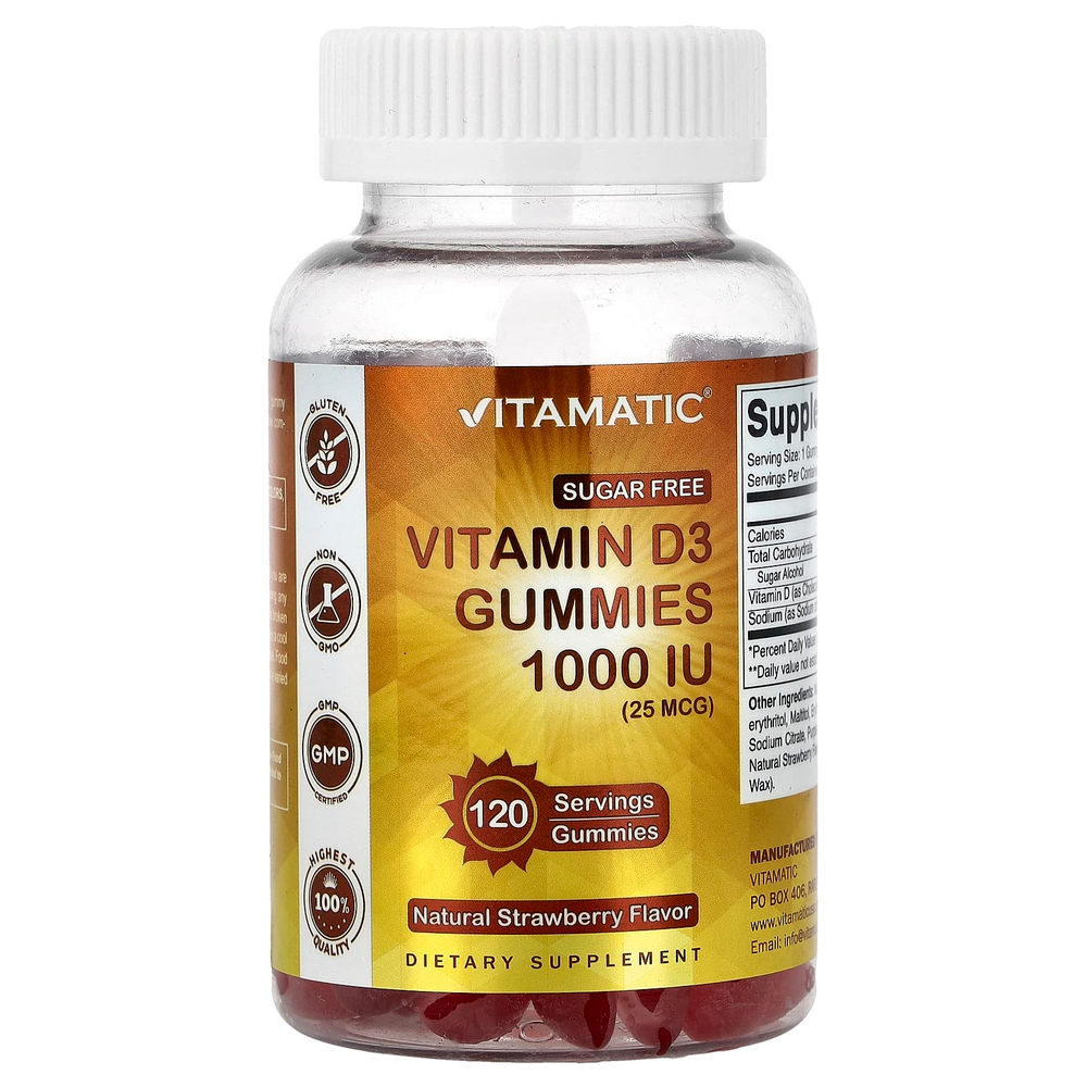 Vitamatic, Жевательные мармеладки с витамином D3, натуральная клубника, 1000 МЕ (25 мкг), 120 жевательных таблеток