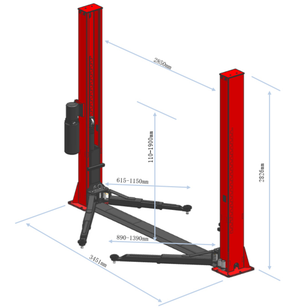 Подъемник электрогидравлический 4т 110-1900мм 2-х стоечный 380В ниж.синхрон. (руч. спуск) GTE