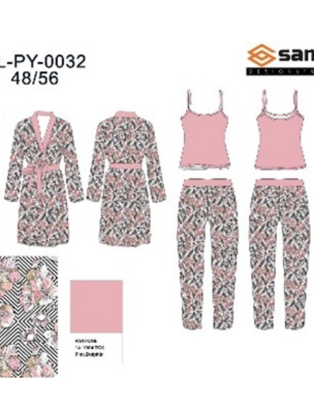 31527 Комплект женский халат с дл.рукавом+пижама (майка+брюки) (56)