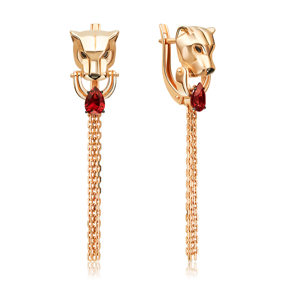 Серьги «Пантеры» с английским замком из красного золота с гранатом
