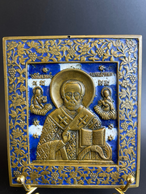 Икона 19 век "Святитель Николай Чудотворец" (Николай Угодник), бронза, литье, полихромные эмали, Российская Империя, 1850-1890 гг.