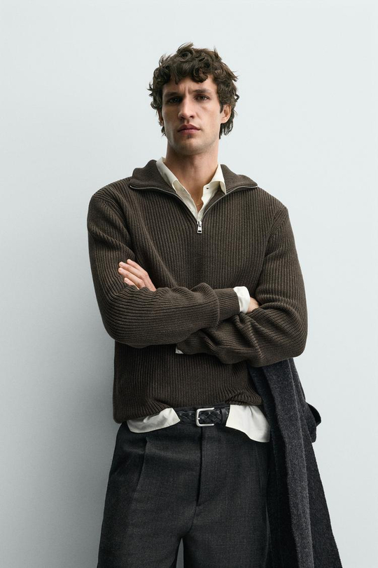 ZARA ДЖЕМПЕР ВЯЗАНЫЙ ЖЕМЧУЖНЫМ УЗОРОМ С ВОРОТНИКОМ НА МОЛНИИ, ШОКОЛАДНЫЙ