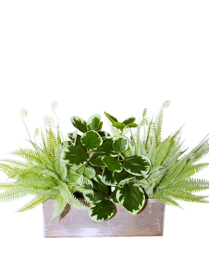 Искусственное растение Папоротник с зеленью 45см в деревянном кашпо