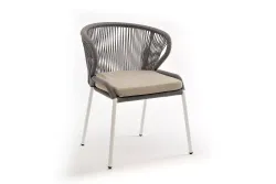 "Милан" стул плетеный из роупа, каркас алюминий белый шагрень, роуп светло-серый круглый, ткань бежевая