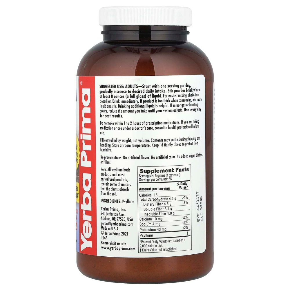 Yerba Prima, порошок из шелухи семян подорожника, 340 г (12 унций)