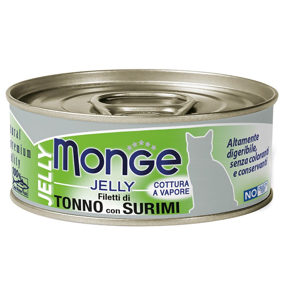 Влажный корм Monge jelly Adult cat для взрослых кошек с желтоперым тунцом и сурими консервы 80 г