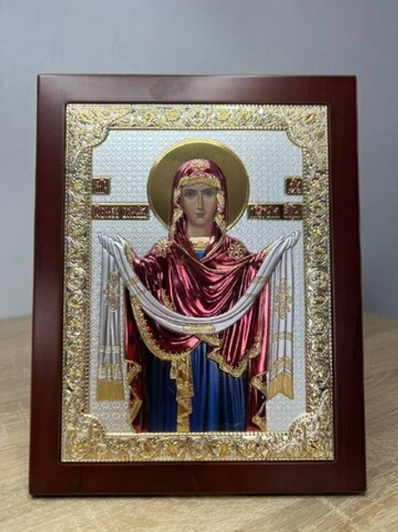 Покрова, икона прямоугольная с рамкой, красное дерево, эмаль 185х235