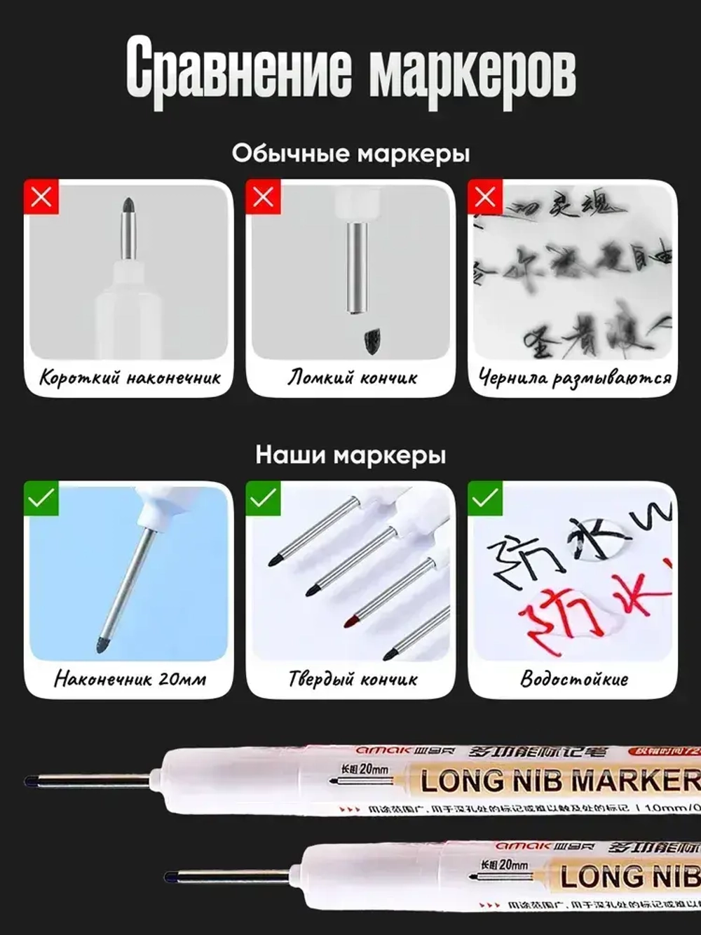 Маркер строительный тонкий двусторонний разметочный с длинным наконечником / 4 шт (черный, красный, зеленый, синий) / Маркеры строительные набор для разметки по металлу, дереву, стеклу, ткани