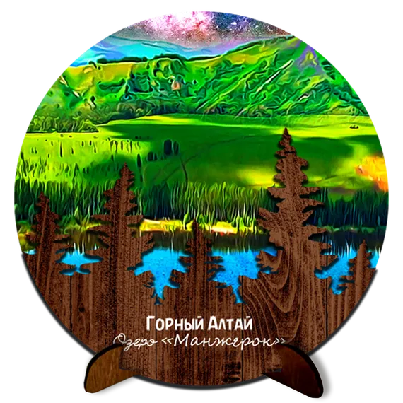 Картина Фанера (Манжерок) на подставке 3D 15*15см Круг елки