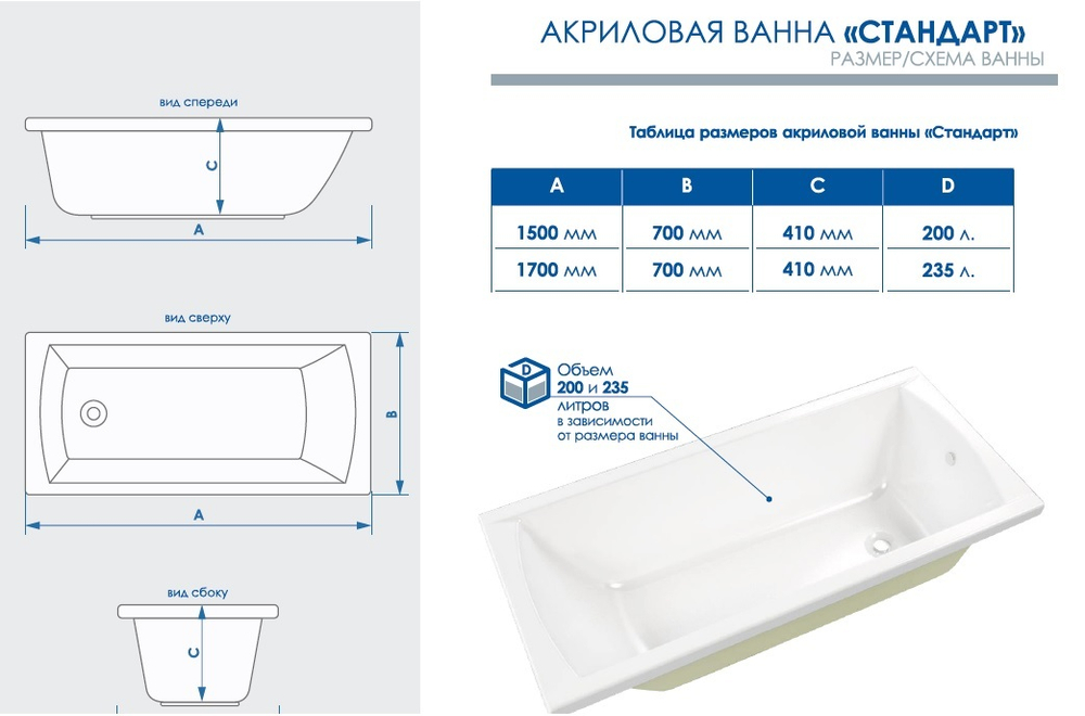 Акриловая ванна Standart 1700*700*425 (Ванна, каркас, фронтальный экран)