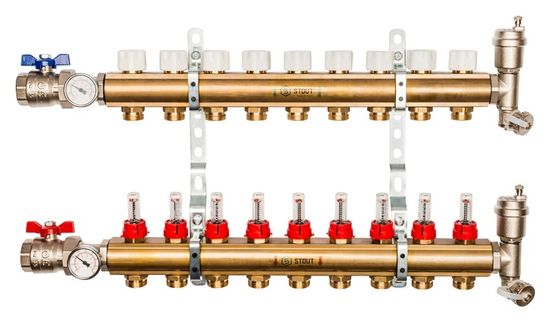 Коллектор Stout 1"x3/4" 9 контуров с расходомерами в сборе из латуни SMB-0473-000009