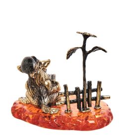Народные промыслы AM-2812 Фигурка «Волк с гармошкой у подсолнуха» (латунь, янтарь)