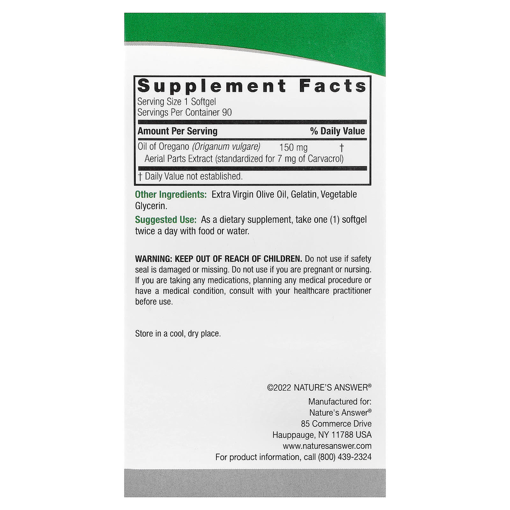 Nature's Answer, масло орегано, 150 мг, 90 мягких таблеток