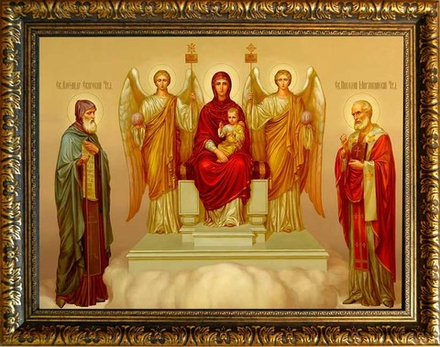 Пресвятая Богородица на троне с предстоящими Святыми. Икона на холсте.