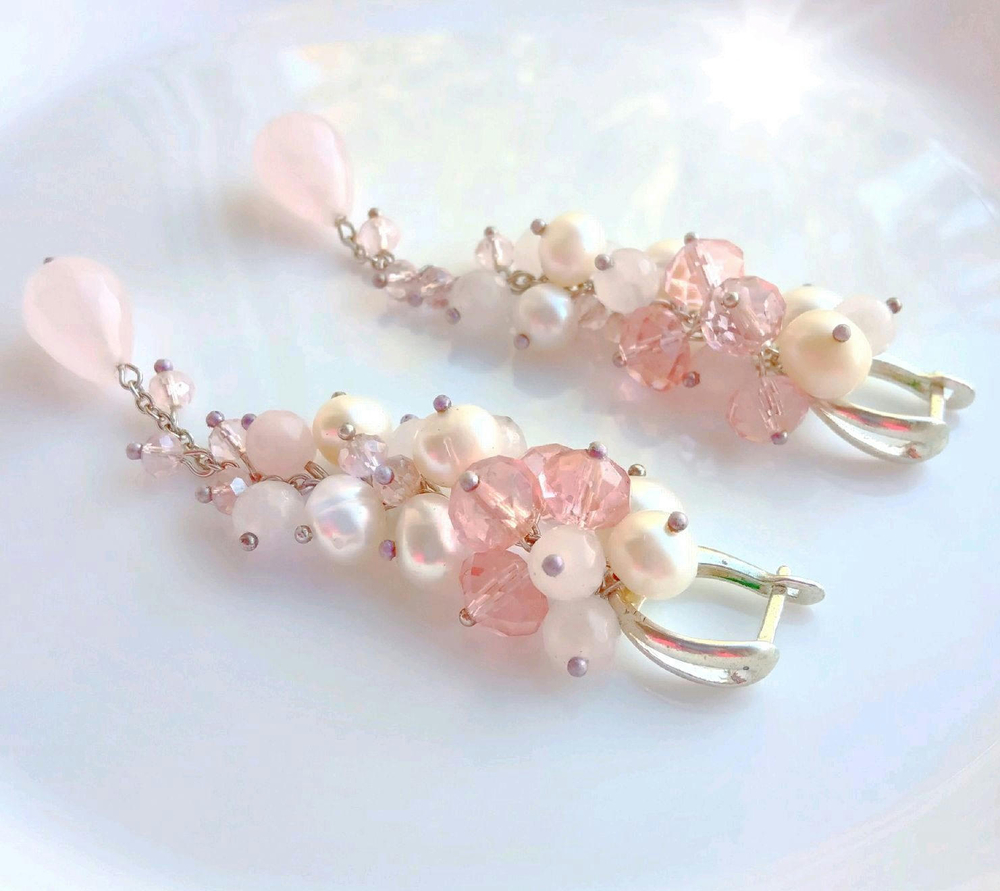 Длинные серьги грозди с розовым кварцем и жемчугом "В ожидании чуда"