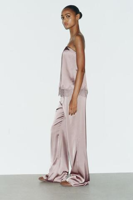 ZARA АТЛАСНЫЙ ТОП С КРУЖЕВОМ, СЕРОВАТО-КОРИЧНЕВЫЙ