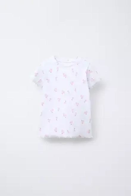 ZARA ФУТБОЛКА В РУБЧИК С ПРИНТОМ, БЕЛЫЙ