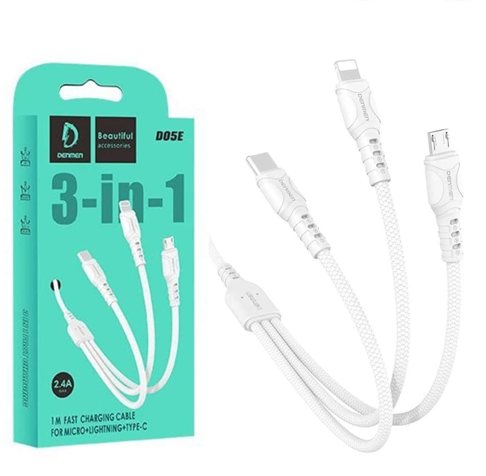 Кабель USB DENMEN D05E 3 в 1 для iPhone/Micro/Type C (белый) 1m