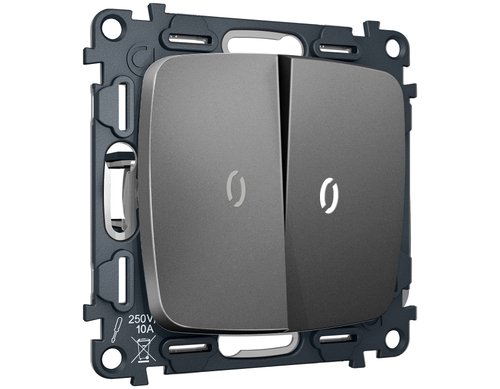 MO654035 Комплект механизма 2-кл проходного выключателя с подсветкой 5600K OMEGA Антрацит серый QUANT (OP6540, VM120, G25W)