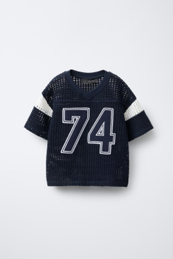 ZARA ТРИКОТАЖНАЯ ФУТБОЛКА С ВЫШИВКОЙ «НОМЕР», МОРСКОЙ СИНИЙ