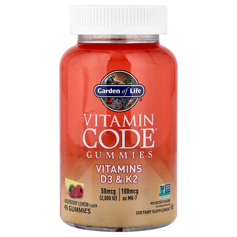 Garden of Life, Vitamin Code®, жевательные таблетки, витамины D3 и K2, со вкусом малины и лимона, 45 жевательных таблеток