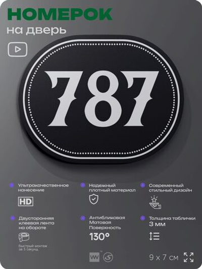 Номерок на дверь квартиры 787, для кабинета, офиса, шильдик 9 х 7 см, черный, Айдентика Технолоджи