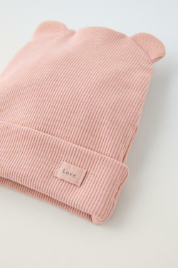 ZARA ШАПКА ИЗ ТРИКОТАЖА В РУБЧИК С УШКАМИ, МЯГКИЙ РОЗОВЫЙ