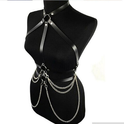 Черная портупея с ошейником и цепочкой One Size (40-50) (Цвет: черный)