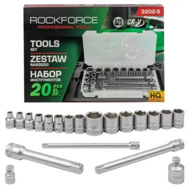 Набор инструментов 3/8' 20пр. 6гр. (6-22мм) в пласт.кейсе RockFORCE RF-3202-5