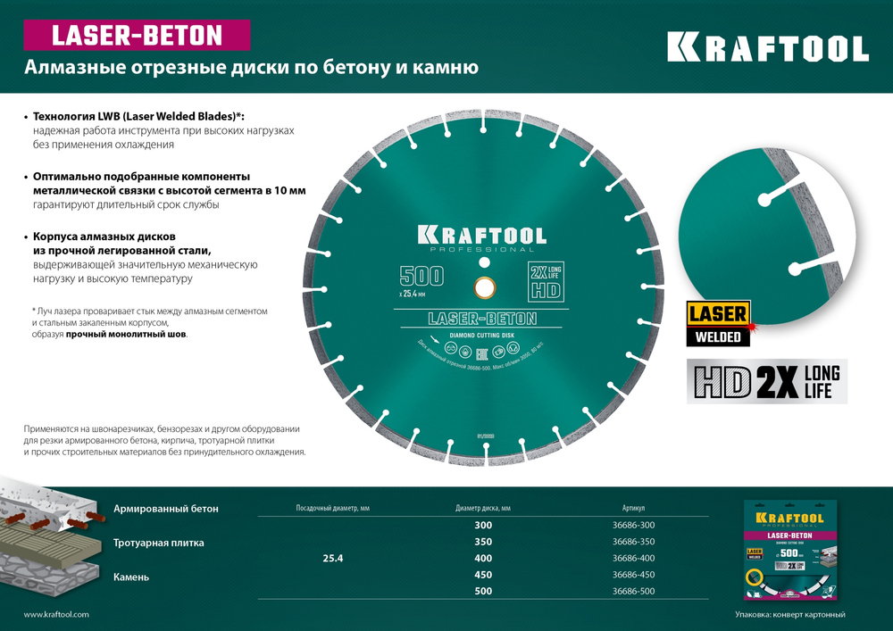 KRAFTOOL LASER-BETON 300 мм (25.4/20 мм, 10х3.2 мм ), алмазный диск (36686-300)