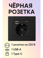 Евро розетка с USB и Type-C черная, шторки