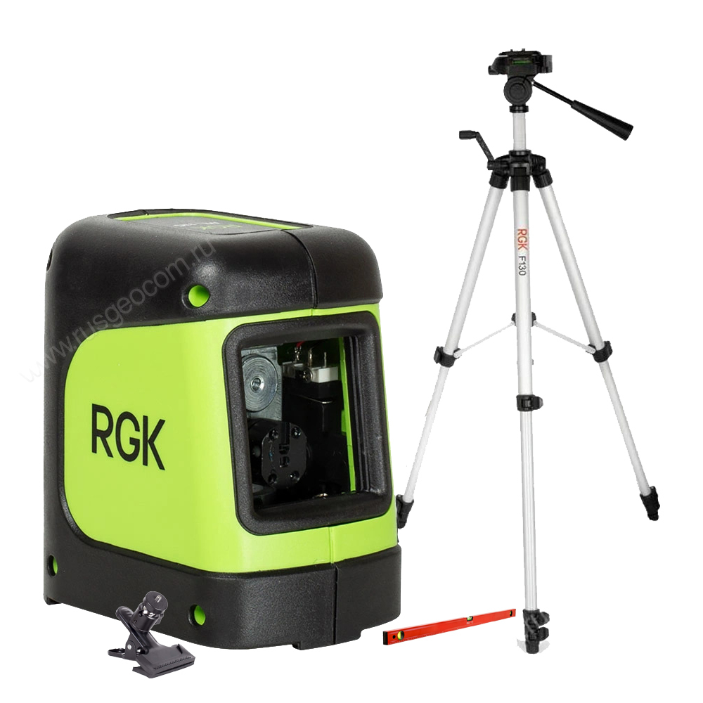 Комплект: лазерный уровень RGK ML-11G + штатив RGK F130, уровень RGK U2100, кронштейн RGK K-5