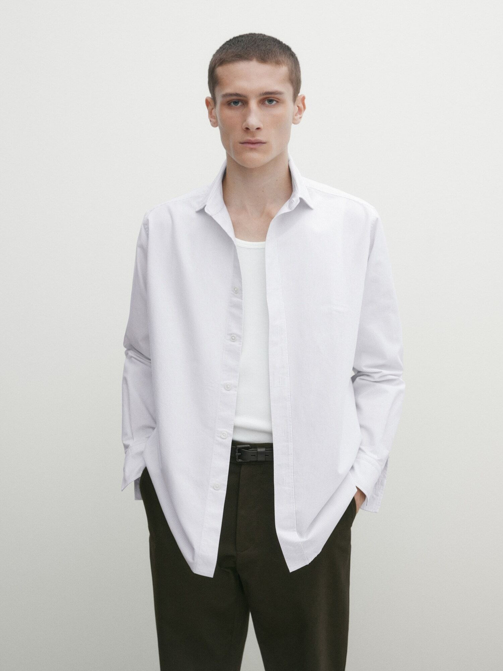 Massimo Dutti Хлопковая рубашка классического кроя в полоску, голубовато-серый