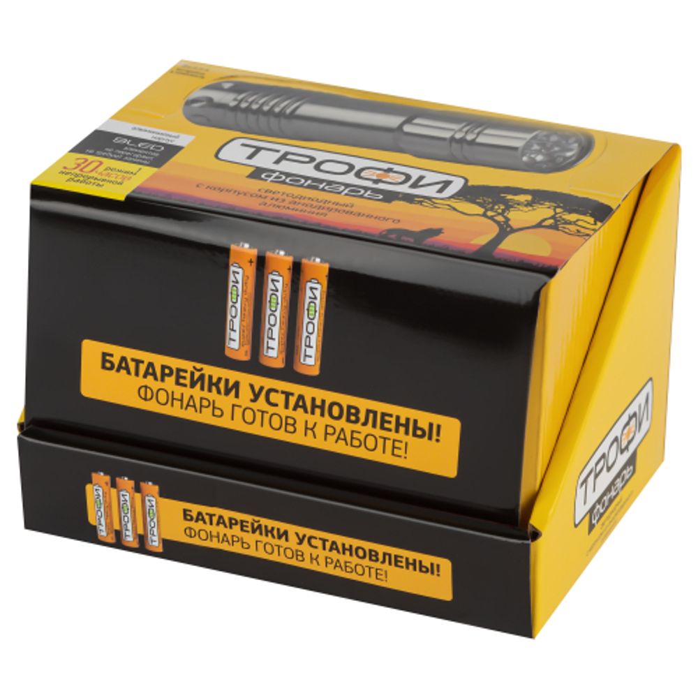 Светодиодный фонарь Трофи TM9-box12 ручной на батарейках промо-бокс 12шт алюминиевый